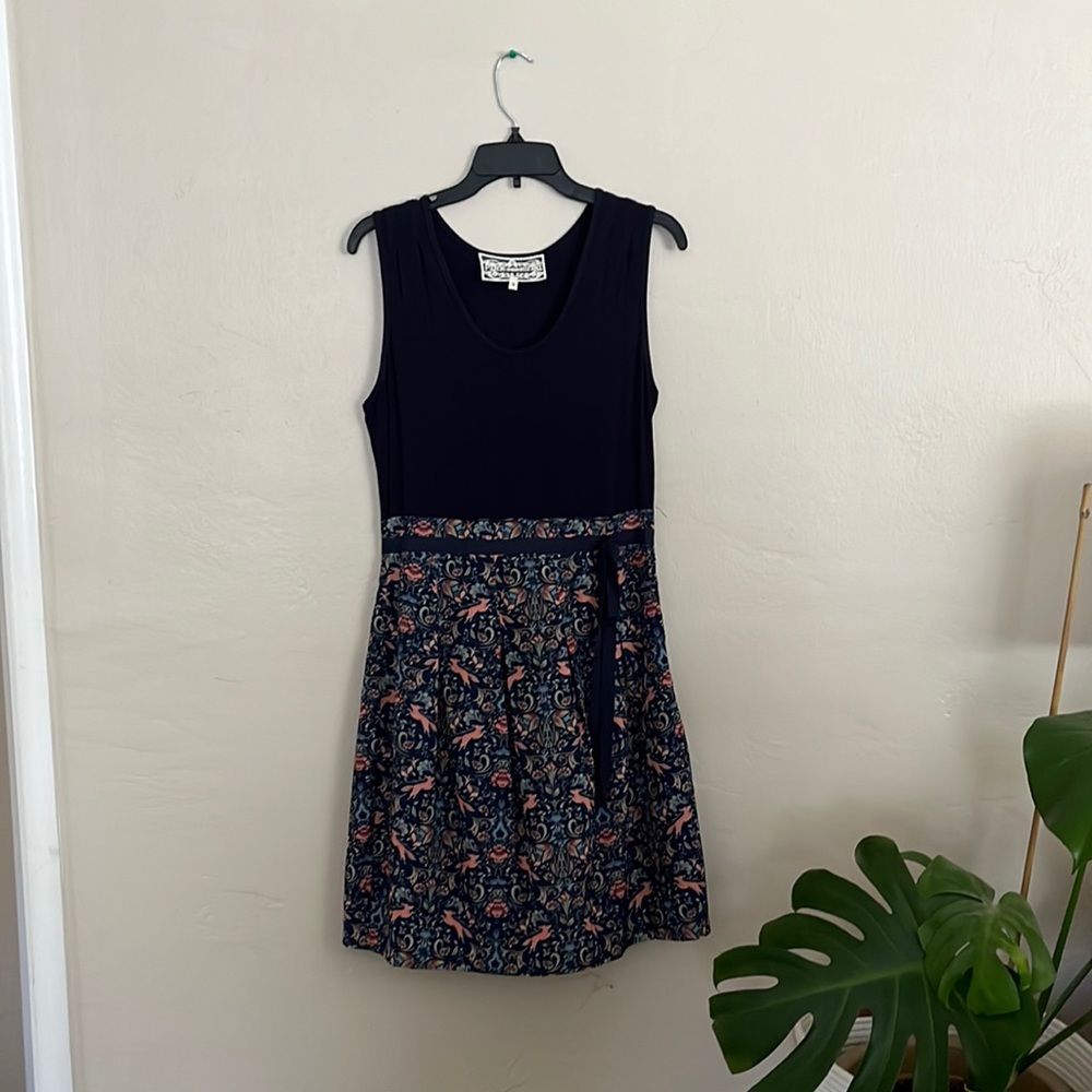 Pink martini fox navy blue dress pleats size small